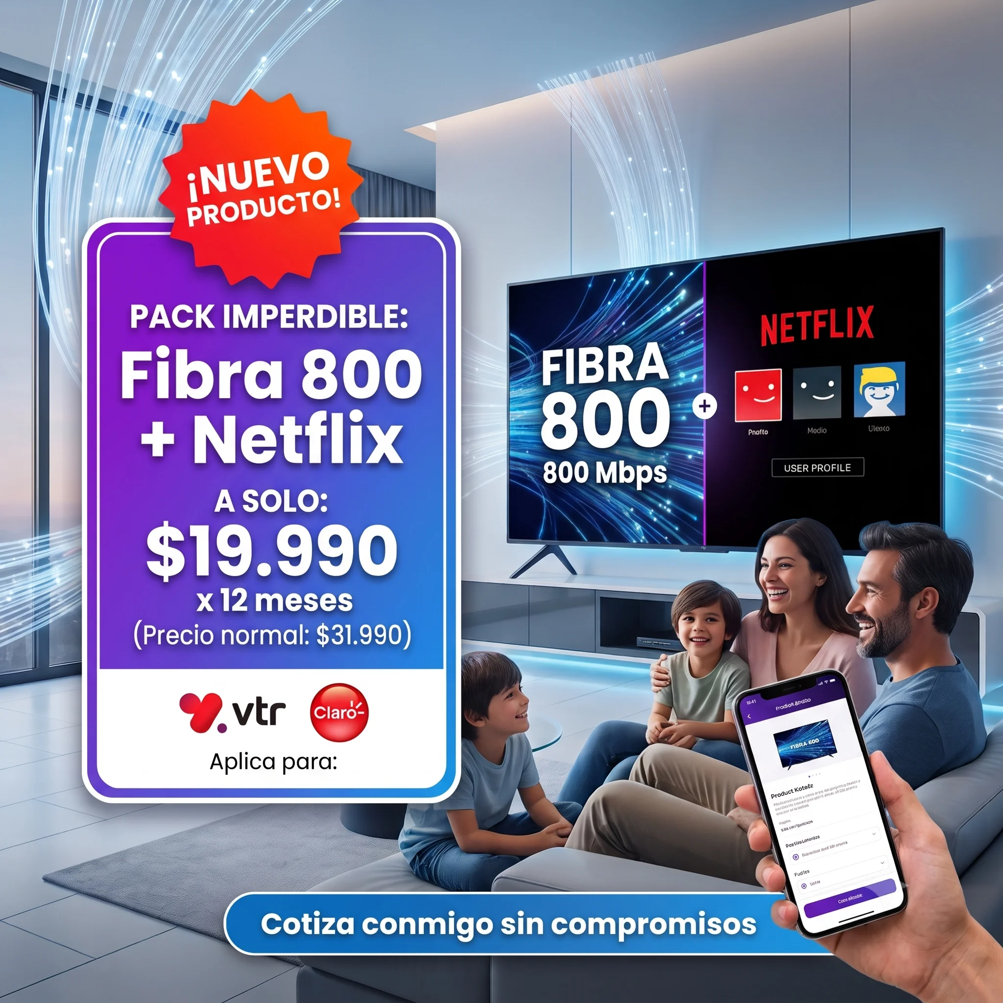 Tu hogar merece internet de verdad: 800 Mbps + Netflix incluido 2 Velocidad Fibra Óptica 800 Mbps